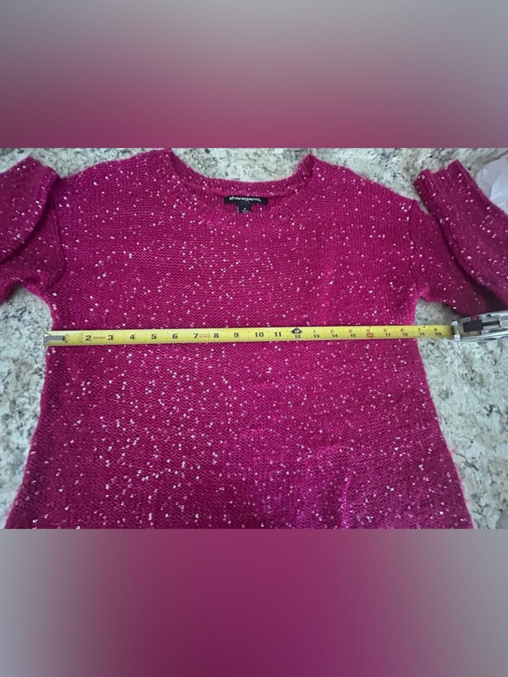 Sharagano Fuchsia Pink Sequin Knit Sweater Sparkly Crew Neck Size M - Picture 8 of 9
